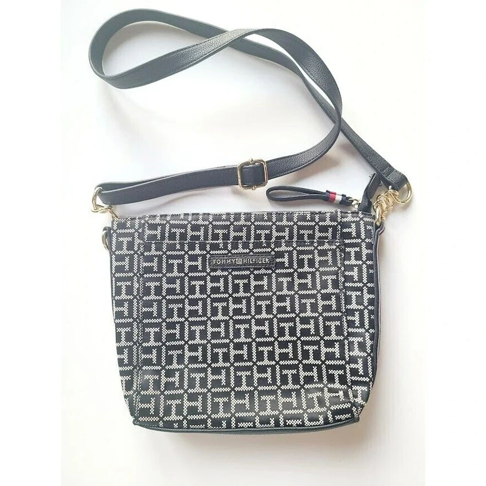 Tommy Hilfiger Women's‎ Logo Crossbody Handbag Purse Small Black White Gold